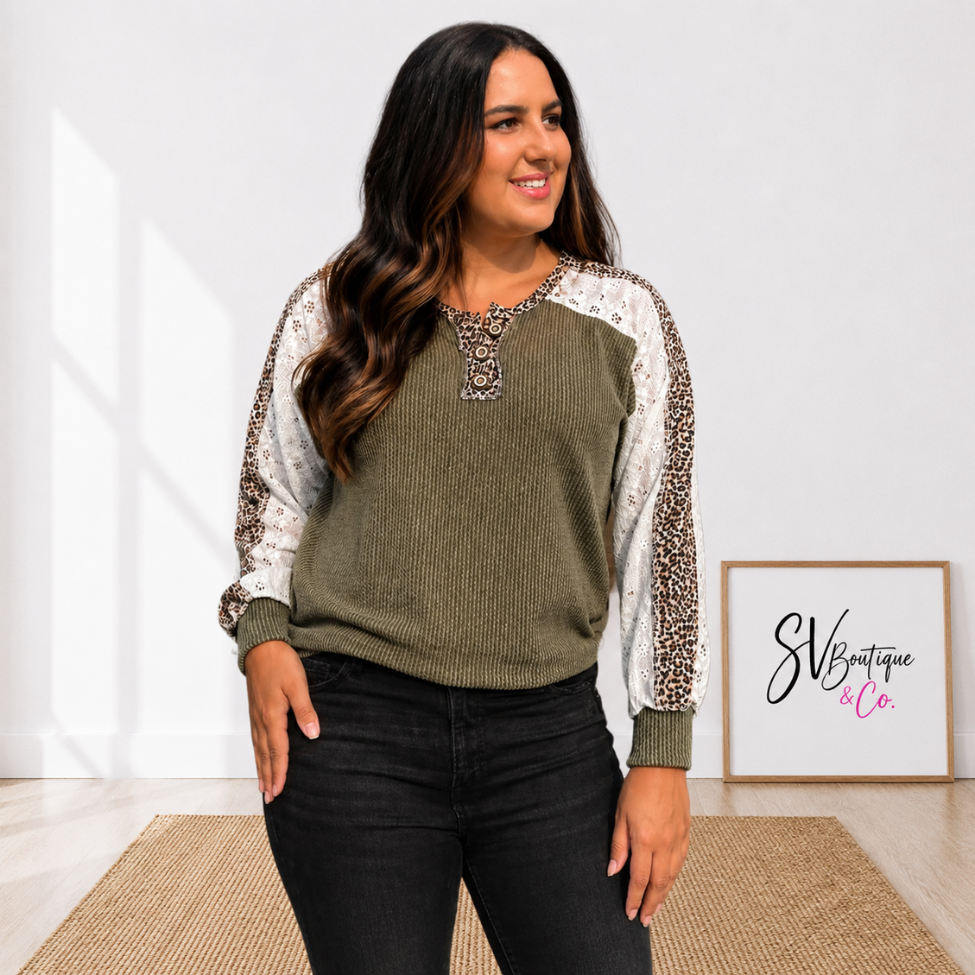 Long Sleeve Olive Leopard Half Button Pullover FINAL SALE - SV Boutique & Co.