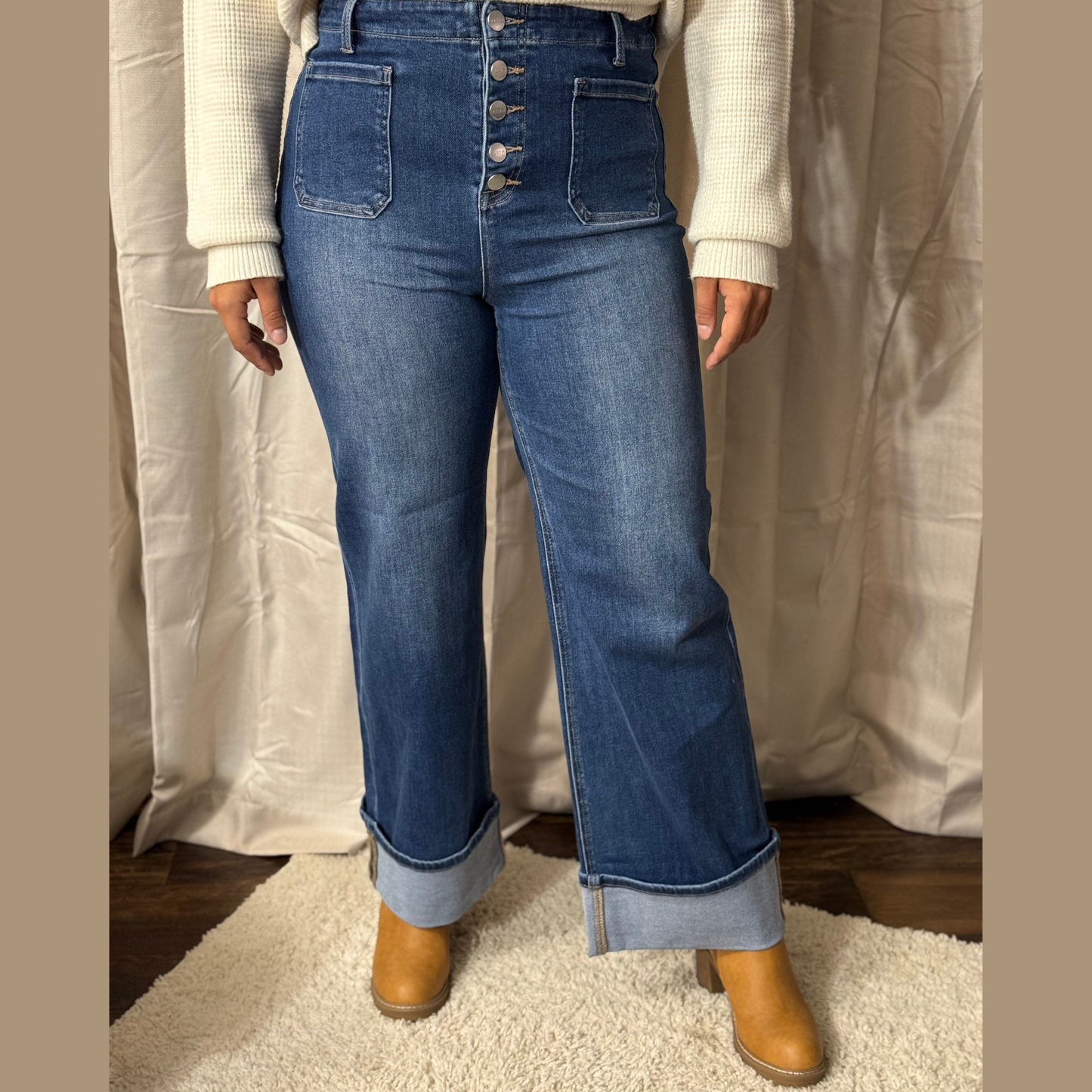 RISEN HIGH RISE ANKLE WIDE BUTTON DOWN FRONT PATCH POCKET CUFFED JEANS