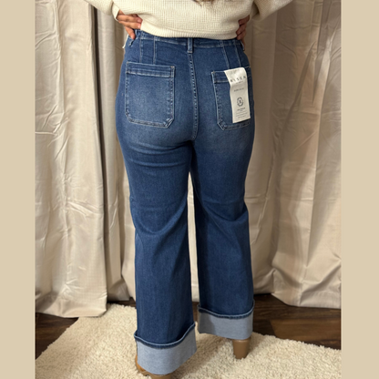 RISEN HIGH RISE ANKLE WIDE BUTTON DOWN FRONT PATCH POCKET CUFFED JEANS