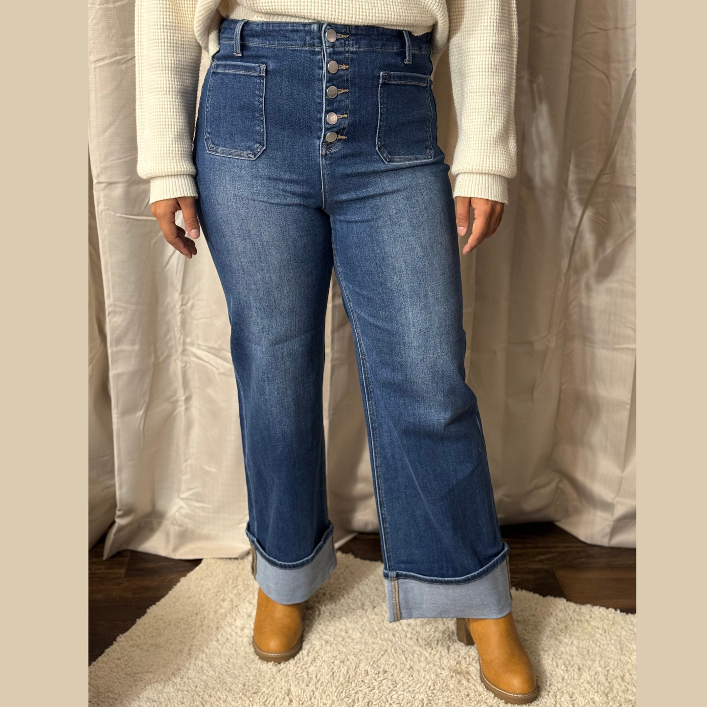 RISEN HIGH RISE ANKLE WIDE BUTTON DOWN FRONT PATCH POCKET CUFFED JEANS