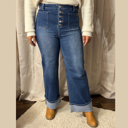 RISEN HIGH RISE ANKLE WIDE BUTTON DOWN FRONT PATCH POCKET CUFFED JEANS