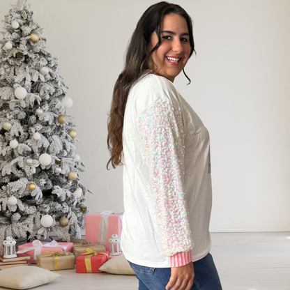 Glittery Nutcrackers on White Top with Sequin Sleeves by Emma+ Grace