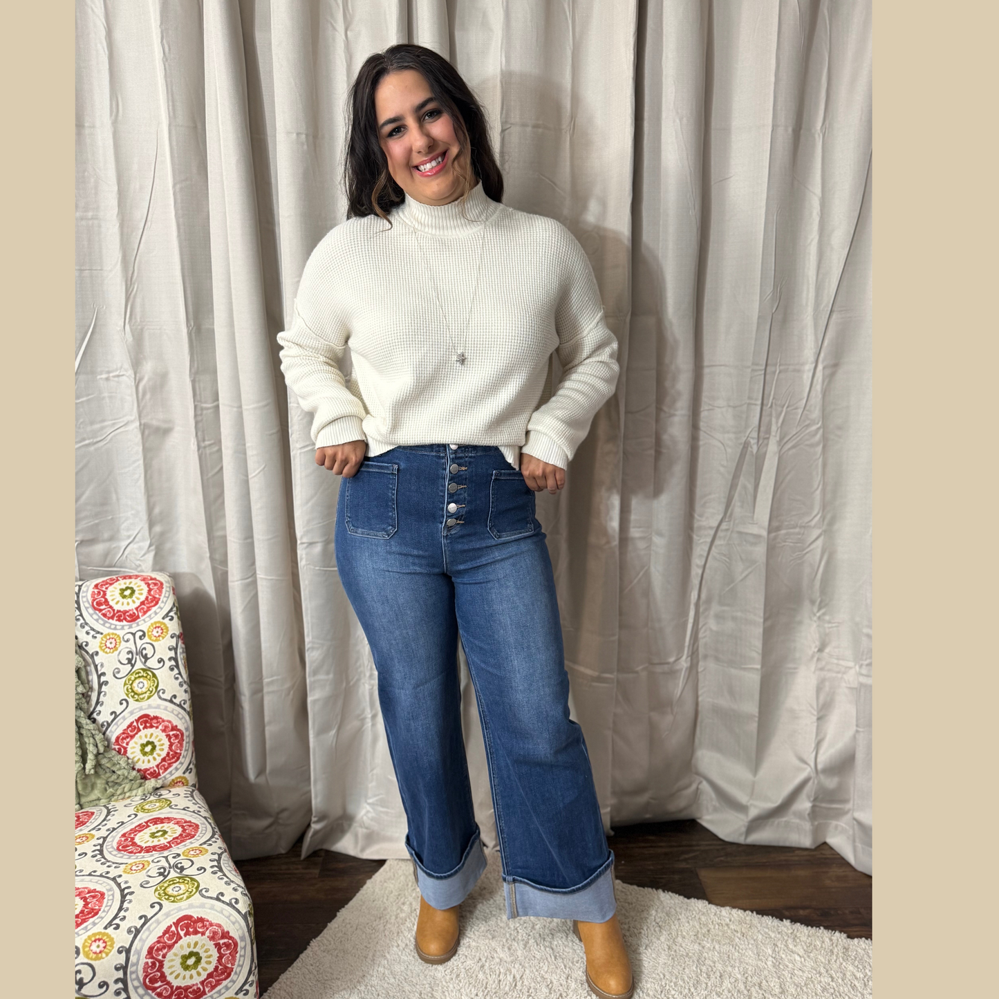 RISEN HIGH RISE ANKLE WIDE BUTTON DOWN FRONT PATCH POCKET CUFFED JEANS