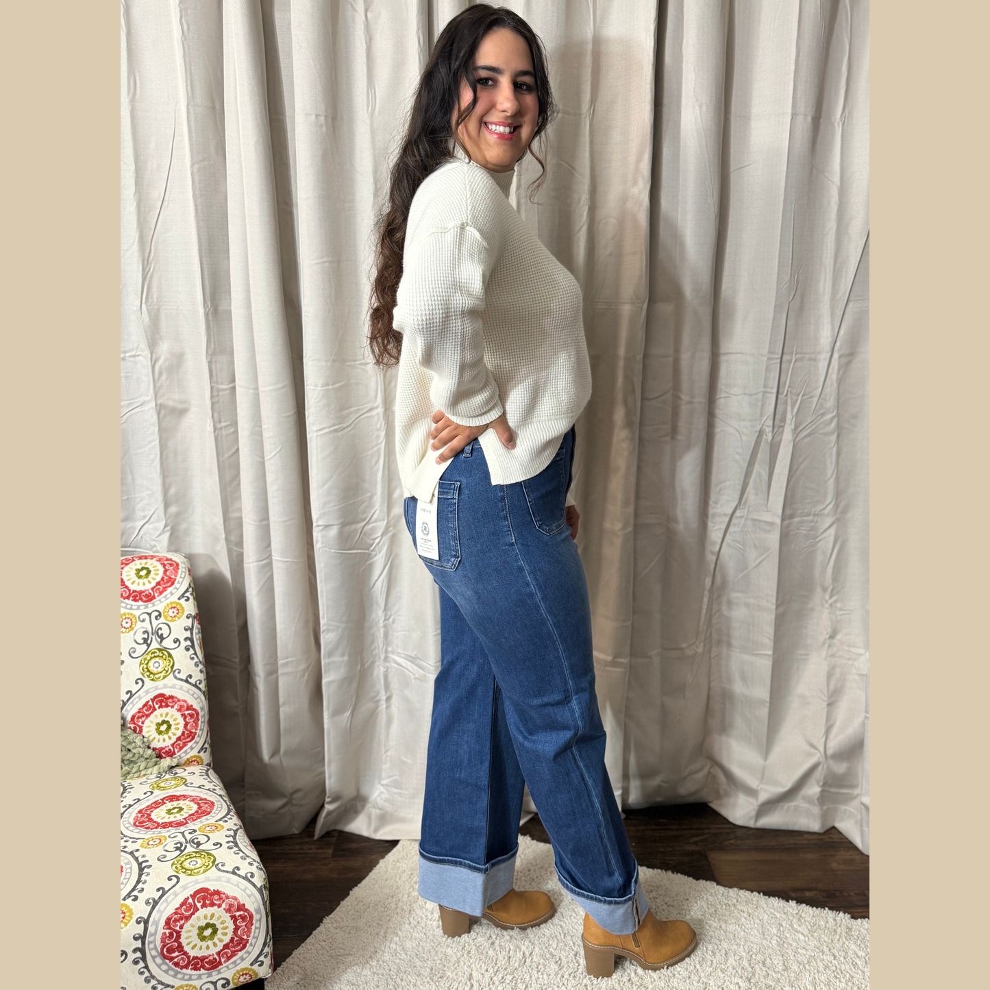 RISEN HIGH RISE ANKLE WIDE BUTTON DOWN FRONT PATCH POCKET CUFFED JEANS
