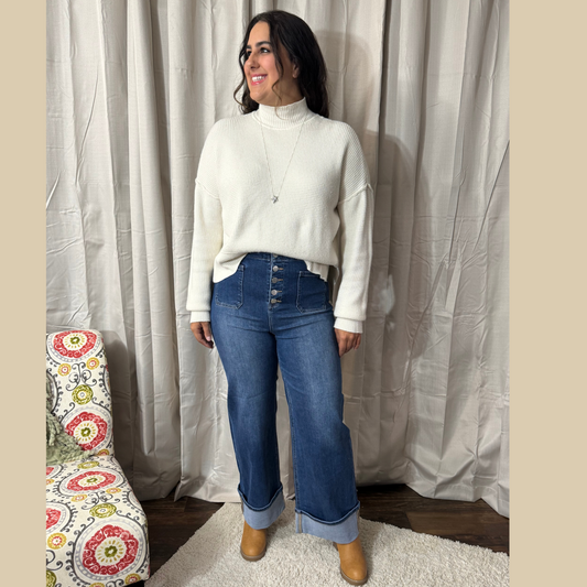 RISEN HIGH RISE ANKLE WIDE BUTTON DOWN FRONT PATCH POCKET CUFFED JEANS