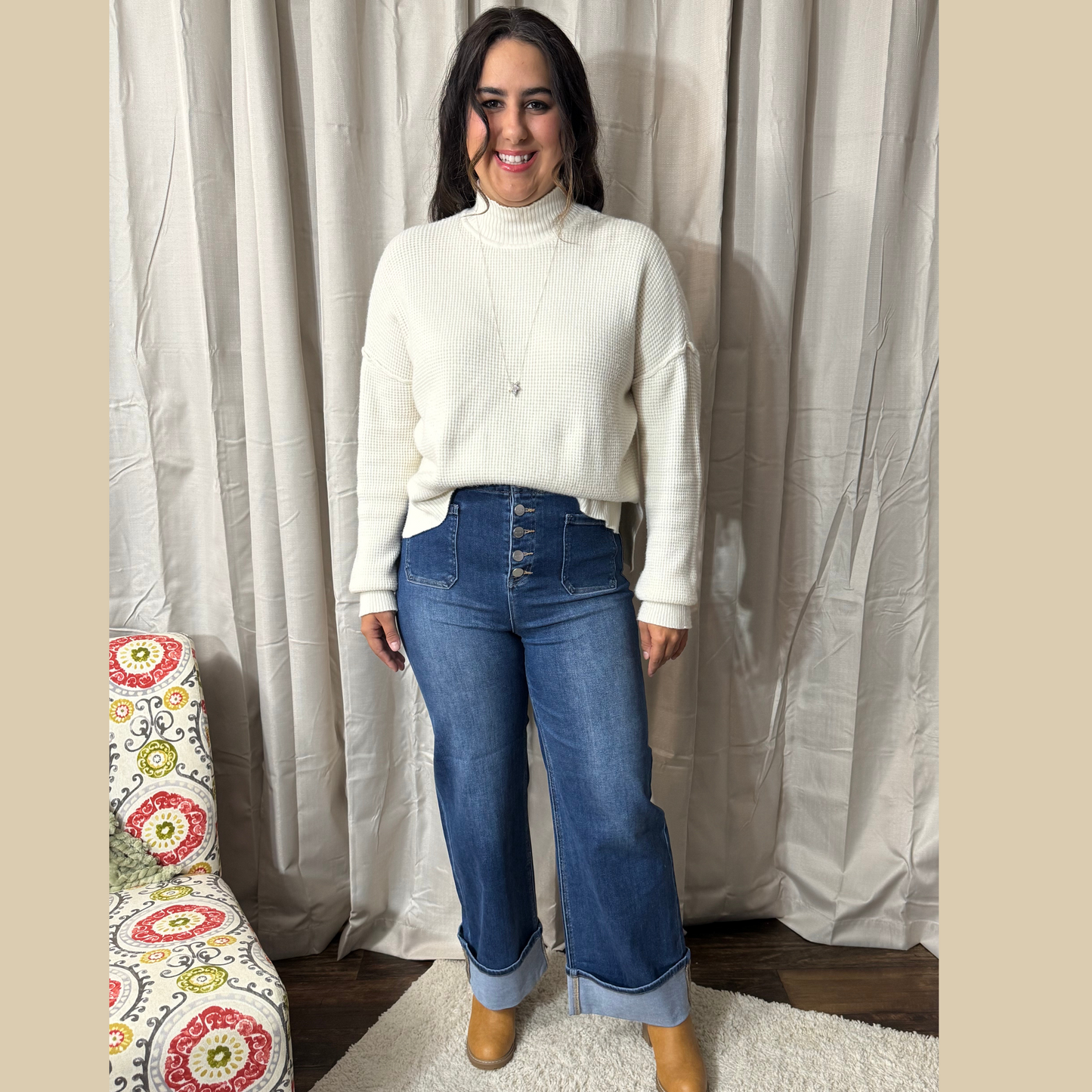 RISEN HIGH RISE ANKLE WIDE BUTTON DOWN FRONT PATCH POCKET CUFFED JEANS