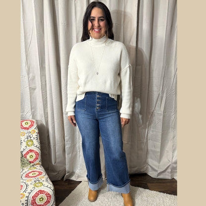 RISEN HIGH RISE ANKLE WIDE BUTTON DOWN FRONT PATCH POCKET CUFFED JEANS