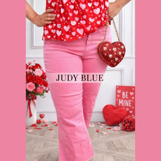 JUDY BLUE PINK PUNCH HIGH RISE TUMMY CONTROL WIDE LEG CROP JEAN