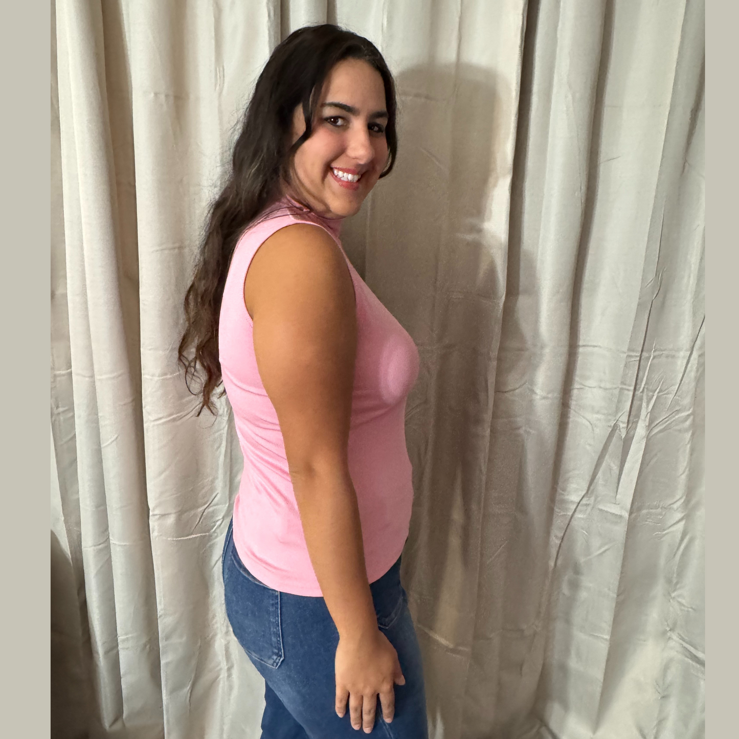 Pink Sleeveless Ribbed Turtleneck