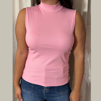 Pink Sleeveless Ribbed Turtleneck