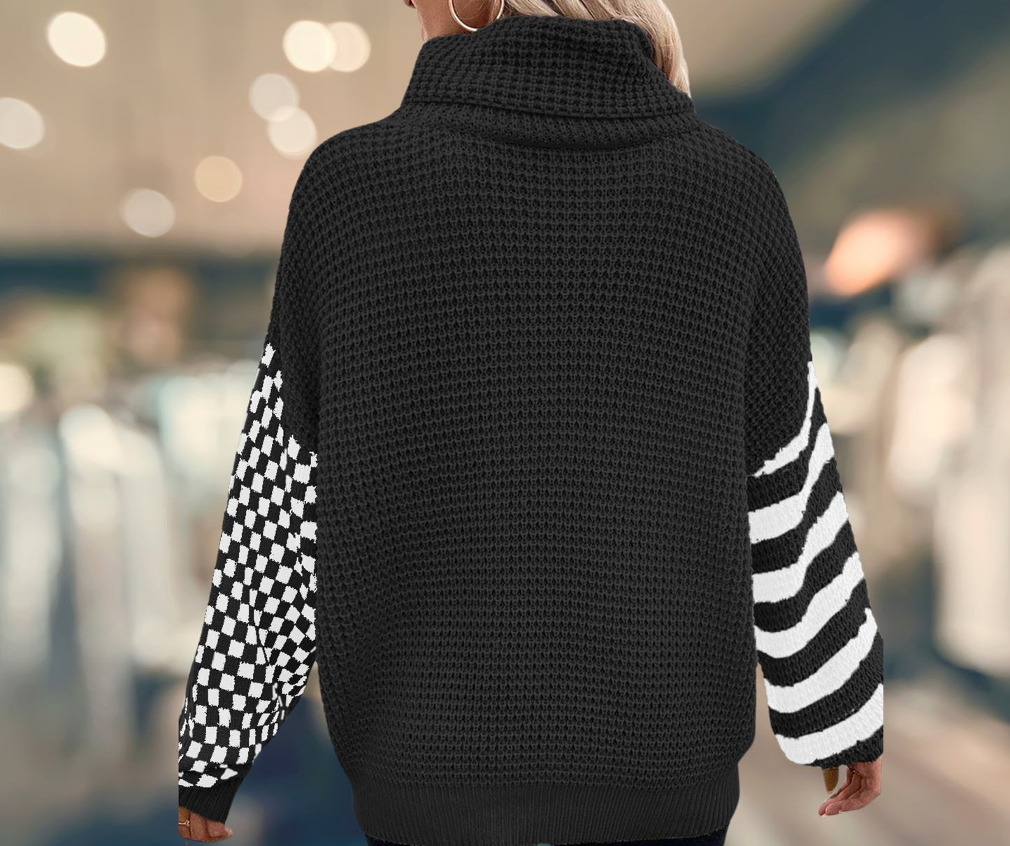 Black Drop Shoulder Turtle Neck Waffle Knitted Sweater - SV Boutique & Co.
