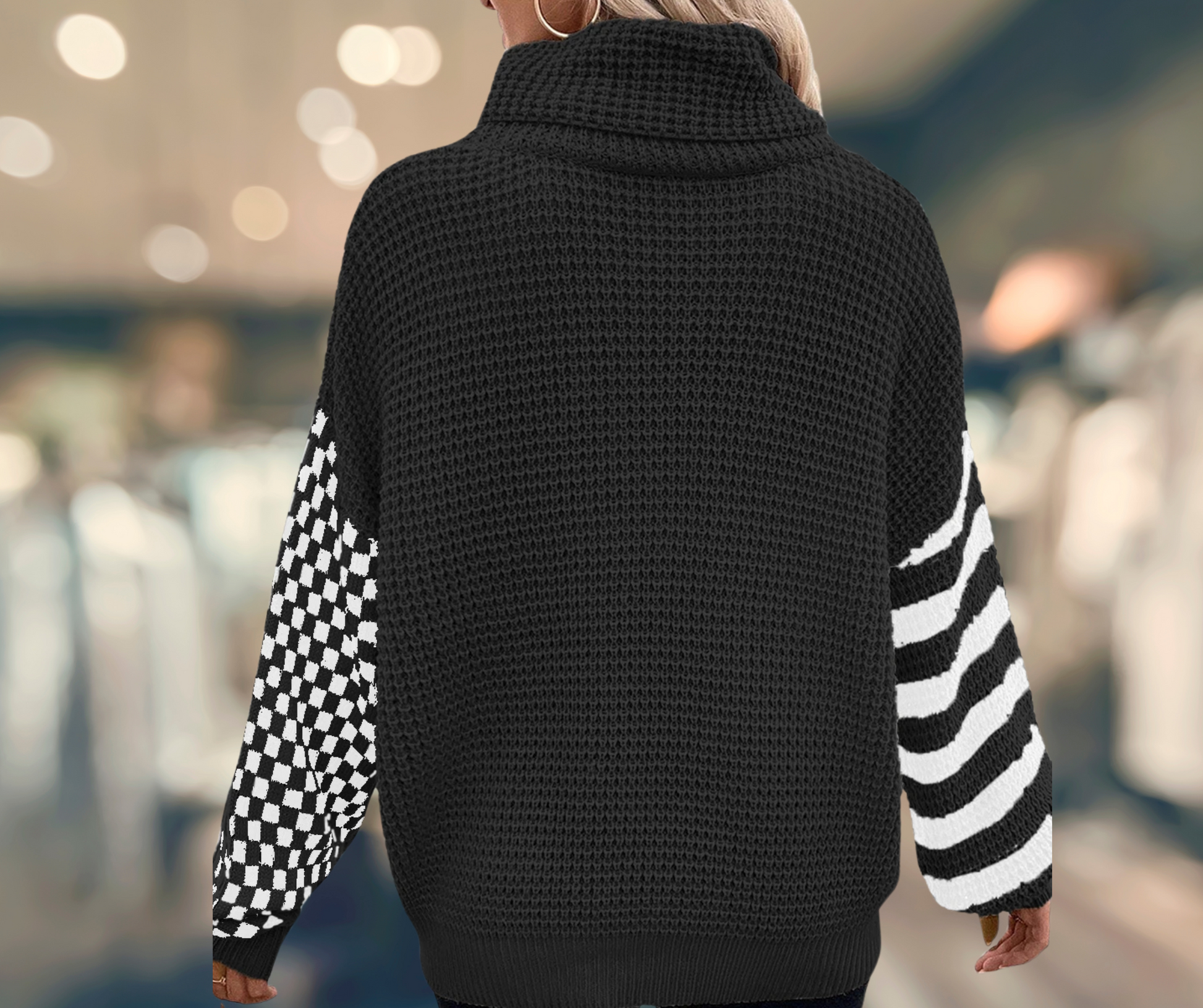 Black Drop Shoulder Turtle Neck Waffle Knitted Sweater - SV Boutique & Co.