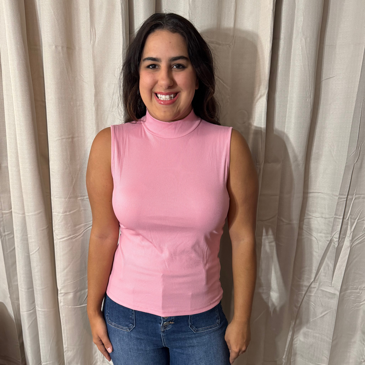 Pink Sleeveless Ribbed Turtleneck