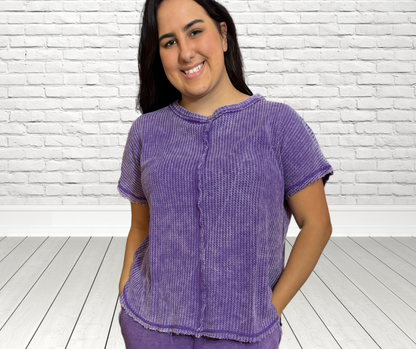 PURPLE HAZE WASHED BABY WAFFLE SHORT SLEEVE OVERSIZED TOP - SV Boutique & Co.