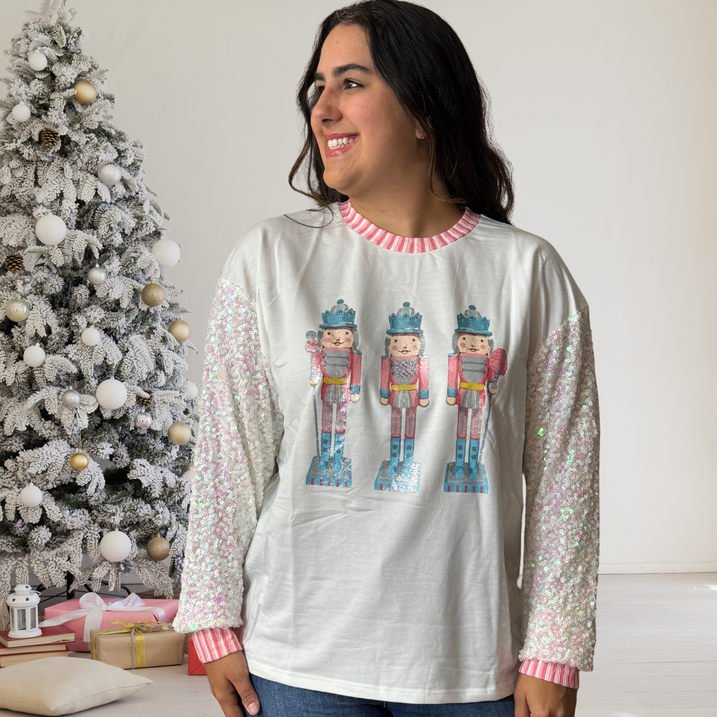Glittery Nutcrackers on White Top with Sequin Sleeves by Emma+ Grace