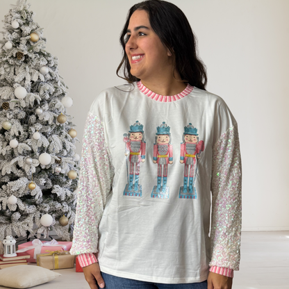 Glittery Nutcrackers on White Top with Sequin Sleeves by Emma+ Grace