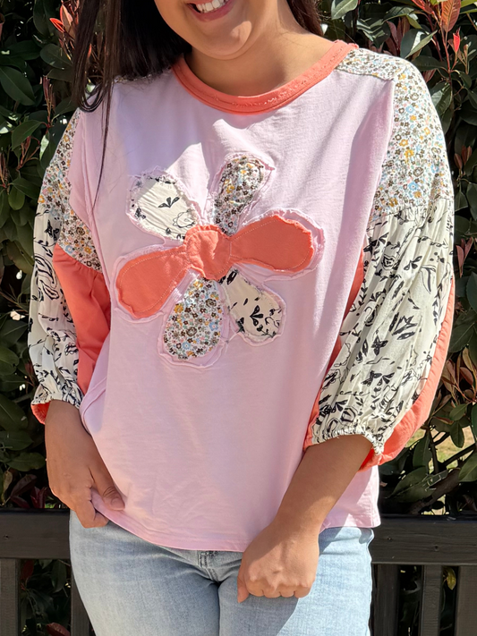 FLOWER PATCH OVERSIZED SOFT WASHED KNIT TOP BY EASEL - SV Boutique & Co.