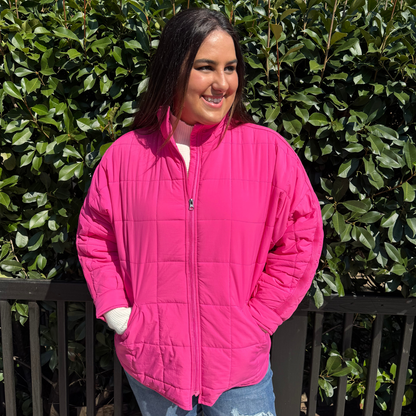HOT PINK JACKET, LIGHTWEIGHT QUILTED SQUARES - SV Boutique & Co.