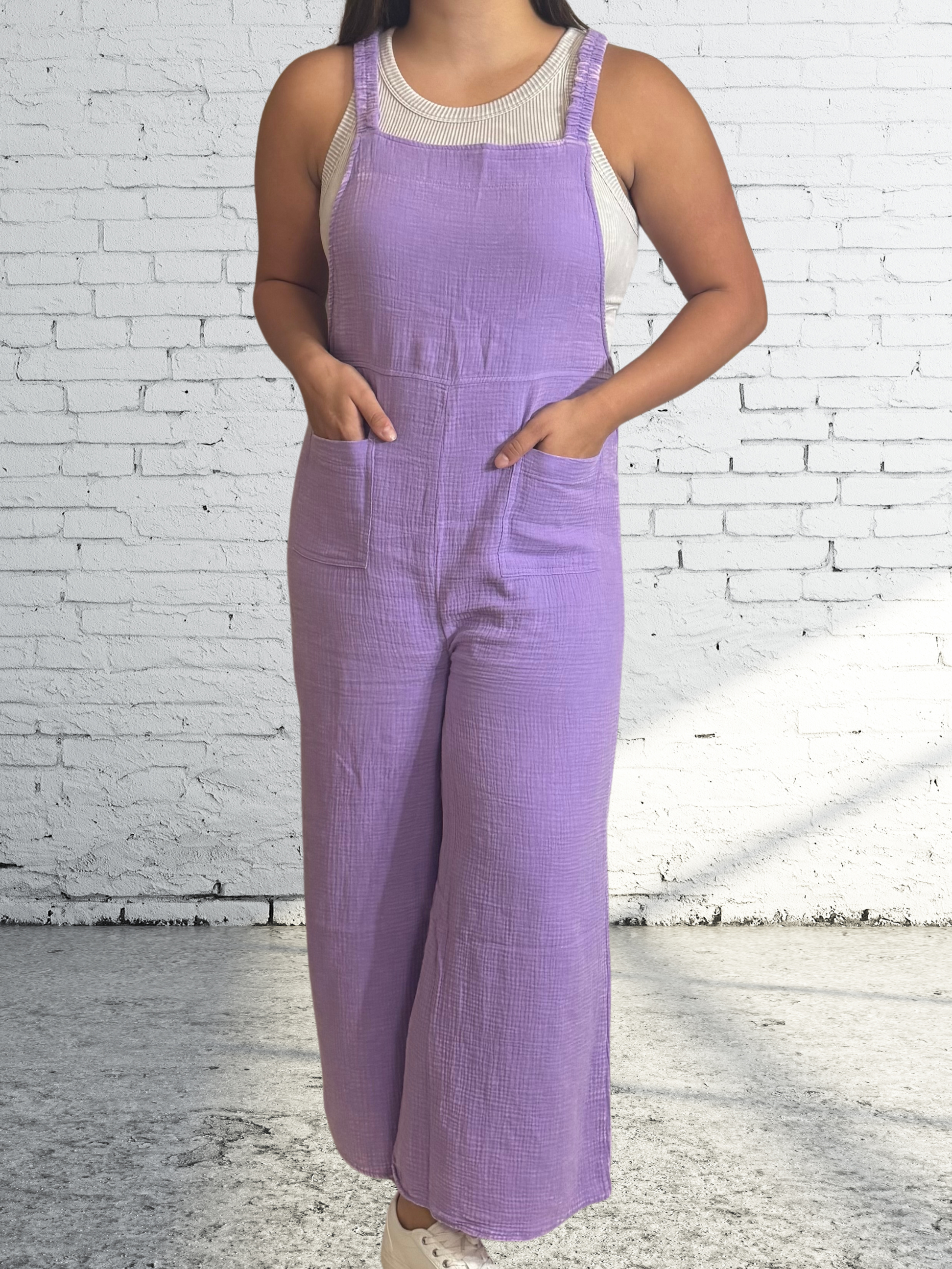 Grape Crush Washed double gauze elastic waist wide leg overalls - SV Boutique & Co.