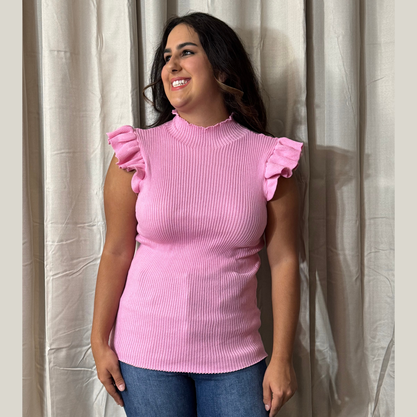 Pink Sleeveless Solid Knit Mock Neck Top with Flutter Sleeves