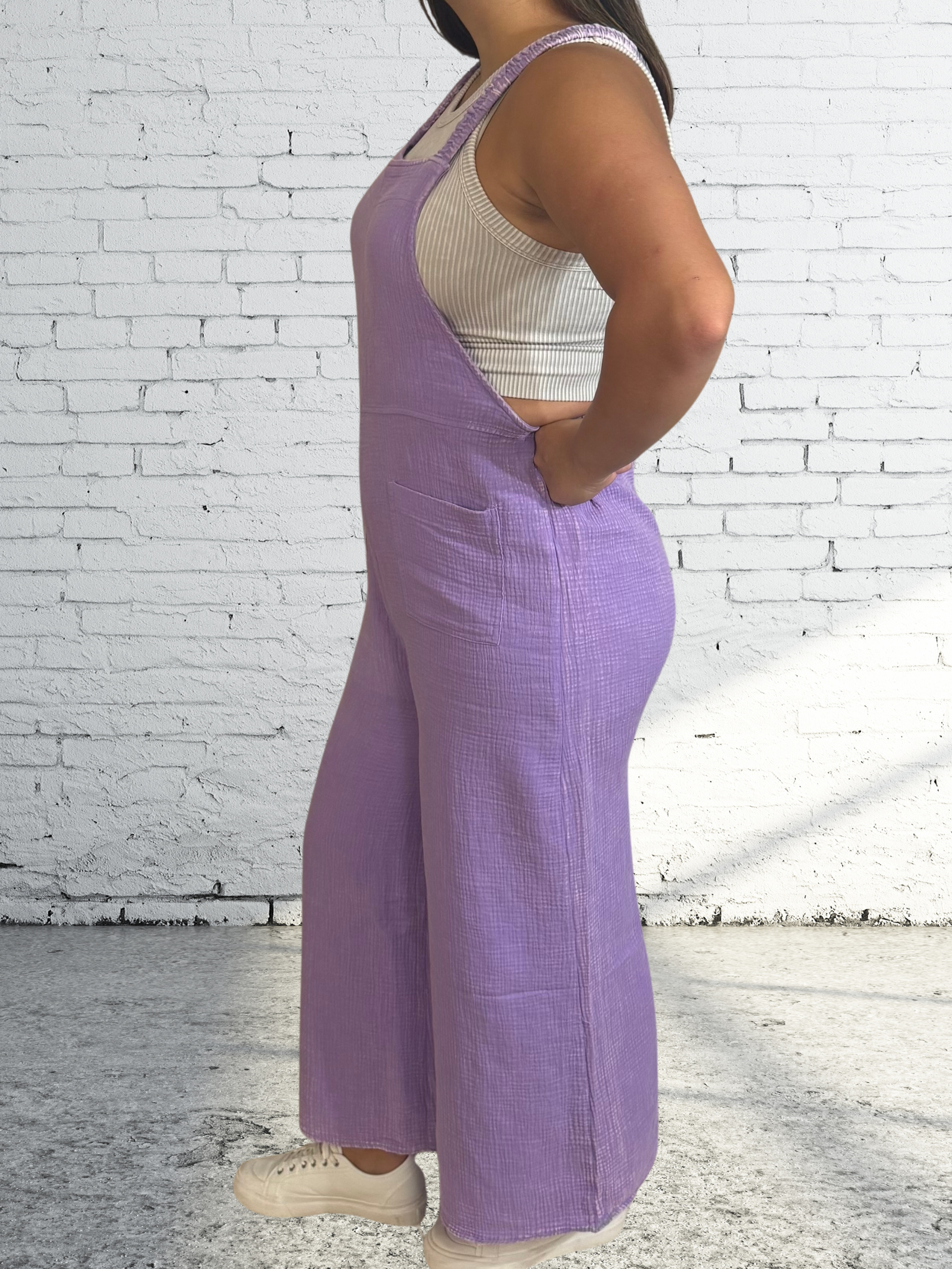 Grape Crush Washed double gauze elastic waist wide leg overalls - SV Boutique & Co.