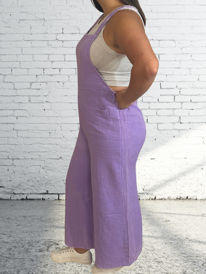 Grape Crush Washed double gauze elastic waist wide leg overalls - SV Boutique & Co.