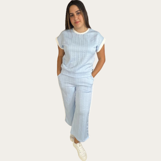 Beau Blue Textured Colorblock Edge Sleeveless Top High Waist Pants Set