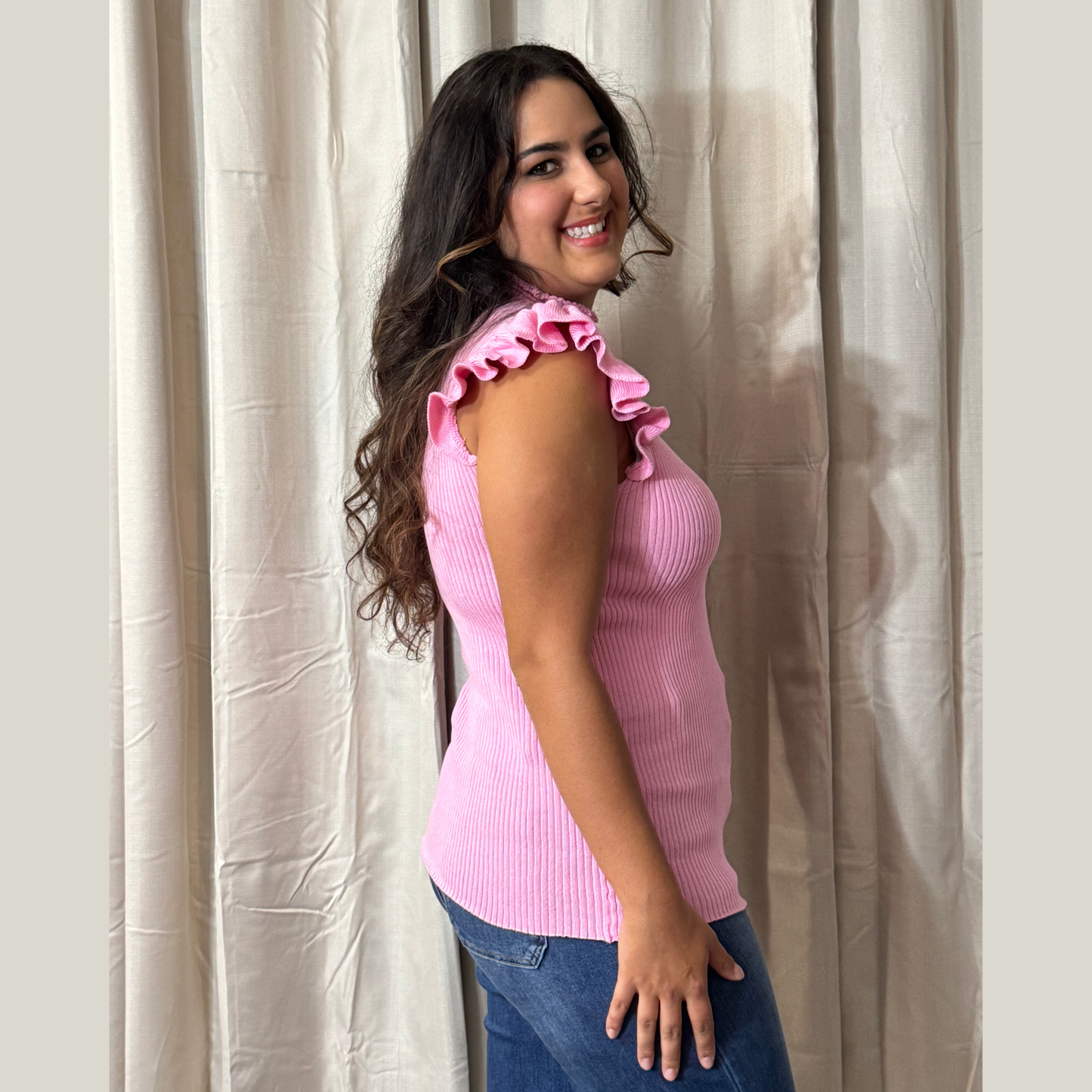 Pink Sleeveless Solid Knit Mock Neck Top with Flutter Sleeves