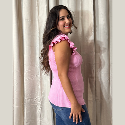 Pink Sleeveless Solid Knit Mock Neck Top with Flutter Sleeves