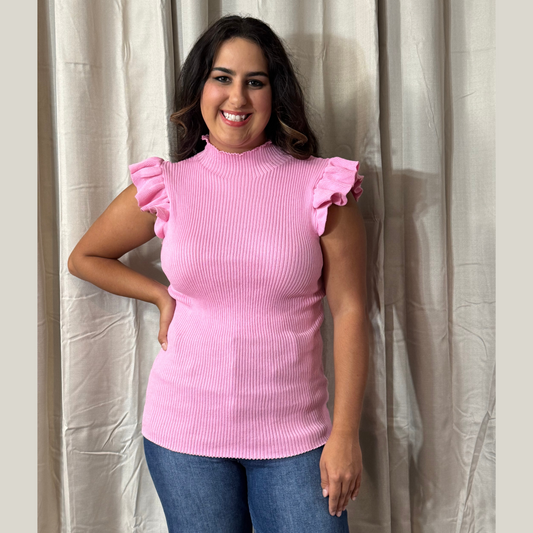 Pink Sleeveless Solid Knit Mock Neck Top with Flutter Sleeves