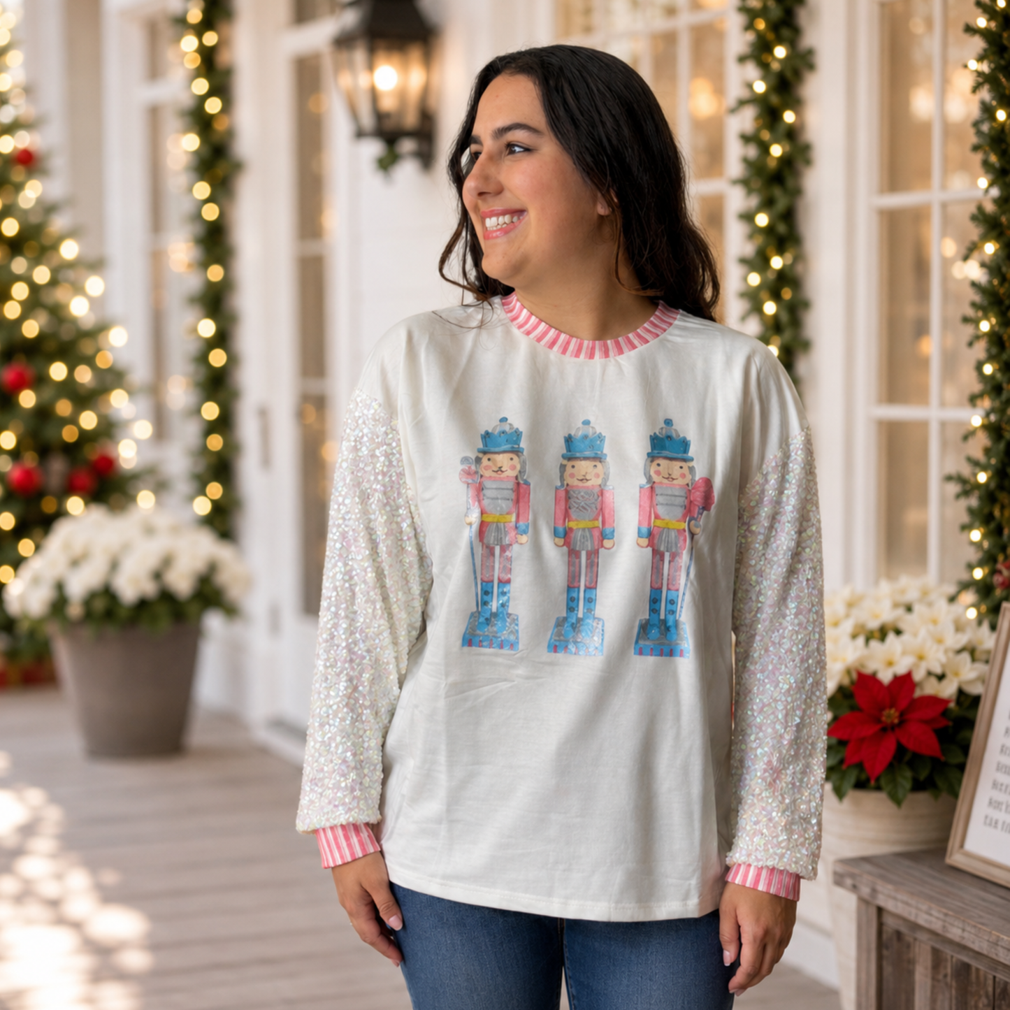Glittery Nutcrackers on White Top with Sequin Sleeves by Emma+ Grace - SV Boutique & Co.