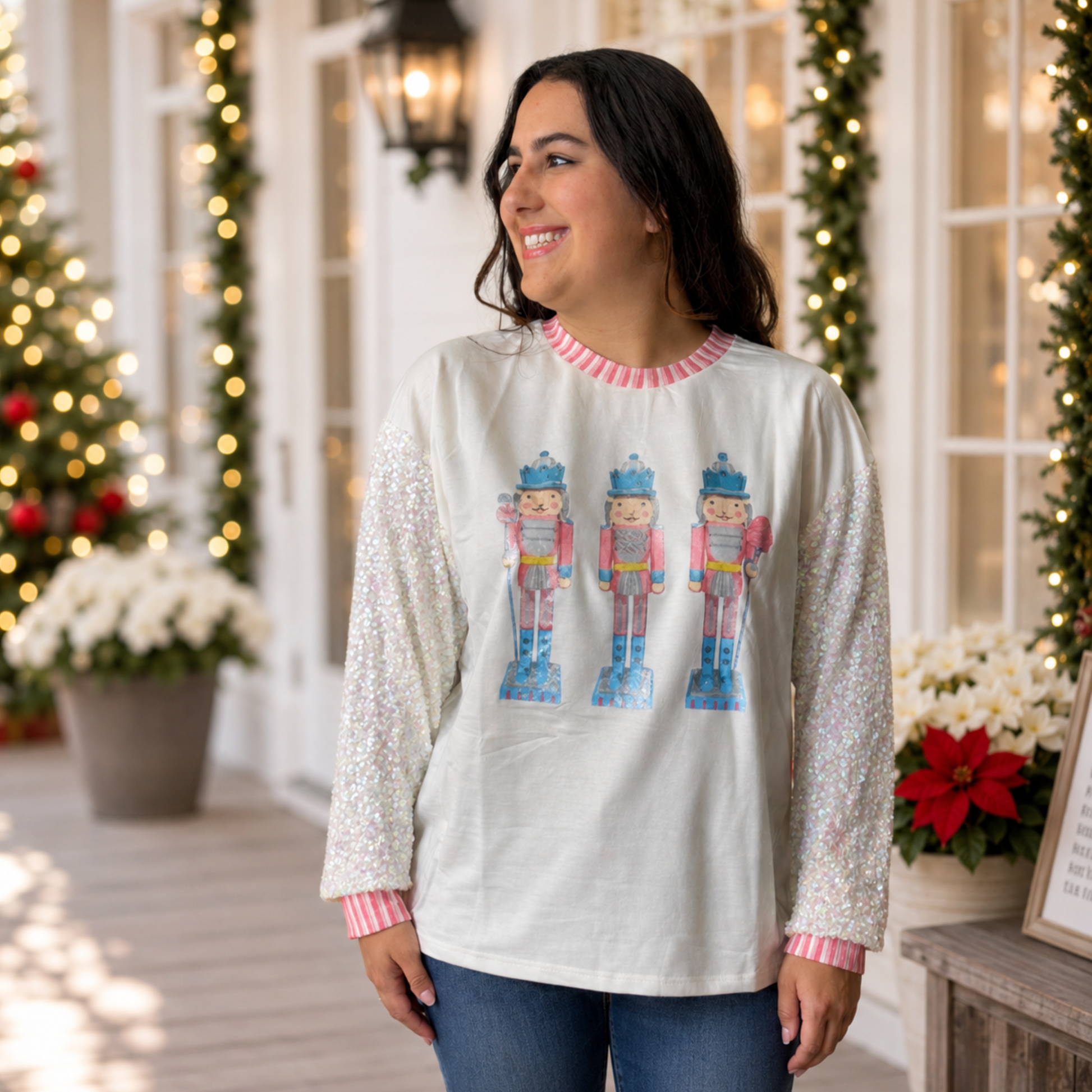 Glittery Nutcrackers on White Top with Sequin Sleeves by Emma+ Grace - SV Boutique & Co.
