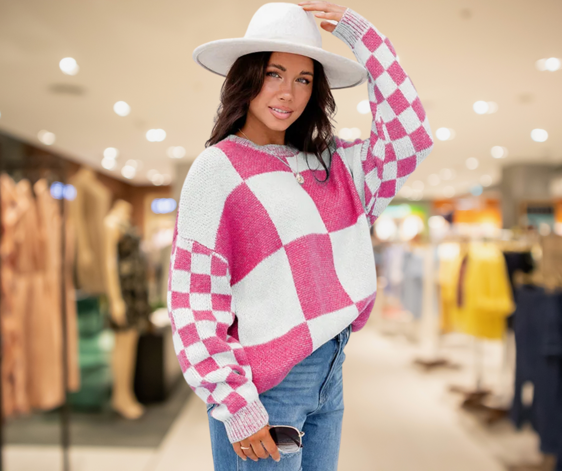 Checkered Drop Shoulder Sweater - SV Boutique & Co.