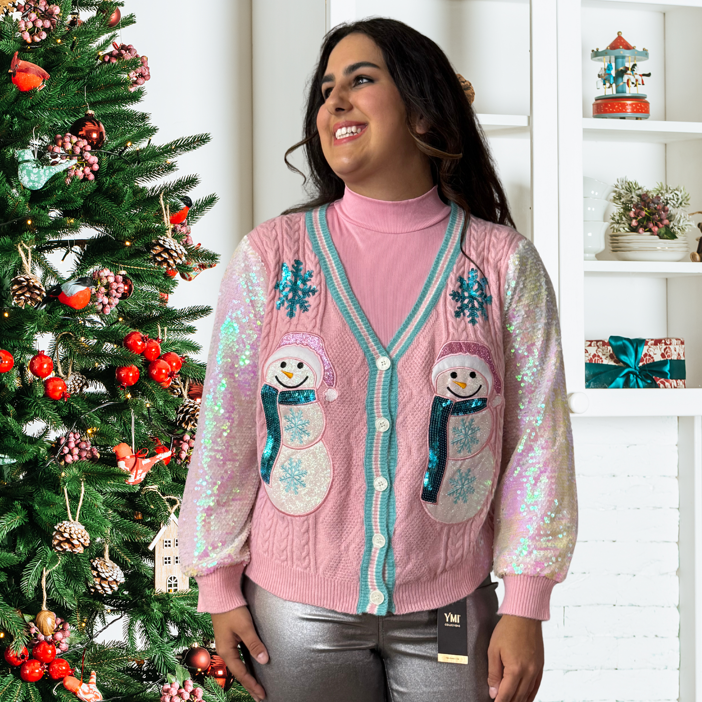 Snowman Cardigan with Sequin Sleeves Grace + Emma
