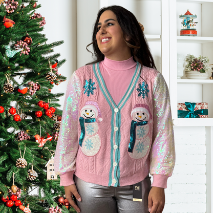 Snowman Cardigan with Sequin Sleeves Grace + Emma