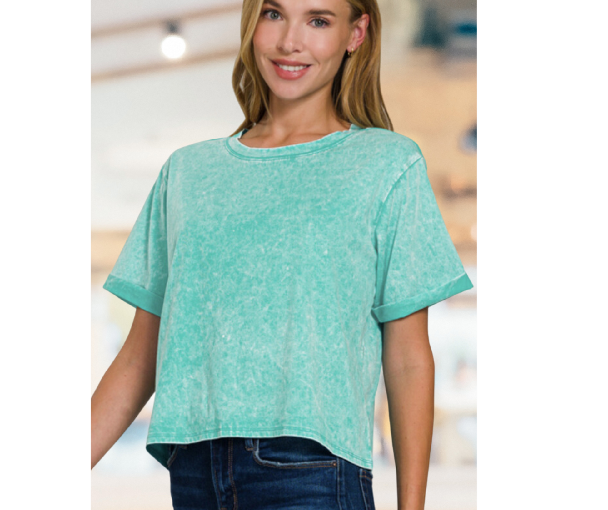 COOL TIDE ACID WASH ROLL-CUFF SHORT SLEEVE CROP TOP - SV Boutique & Co.