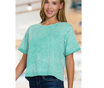 COOL TIDE ACID WASH ROLL-CUFF SHORT SLEEVE CROP TOP - SV Boutique & Co.