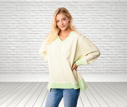 Oversized High-Low Long Sleeve Striped Knit Pullover - SV Boutique & Co.
