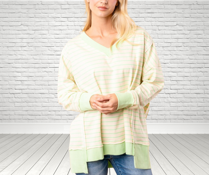 Oversized High-Low Long Sleeve Striped Knit Pullover - SV Boutique & Co.