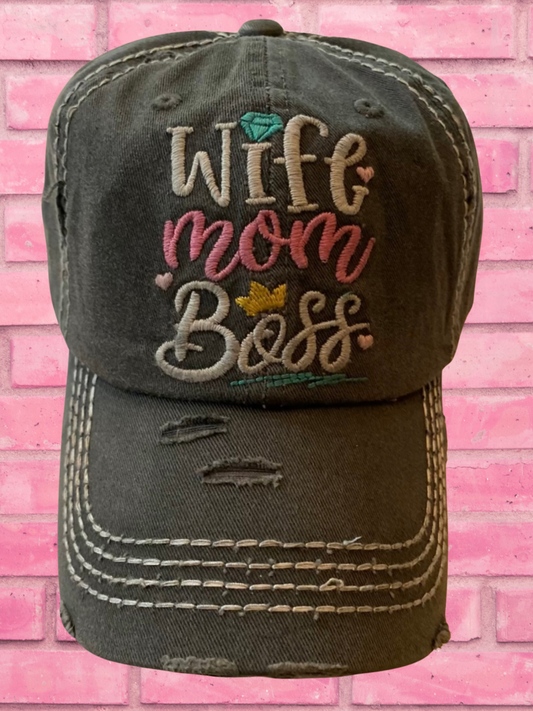 Wife Mom Boss Distressed Ball Cap