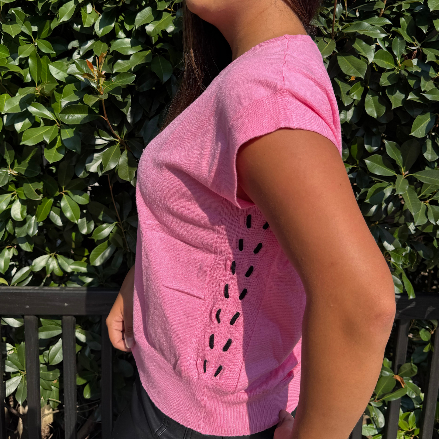 Short Sleeve Tickled Pink On The Side Sweater