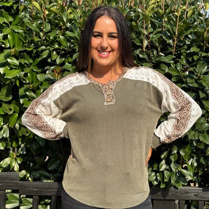 Long Sleeve Olive Leopard Half Button Pullover
