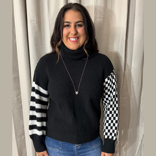 Checkered Turtle Neck Waffle Knitted Sweater Black - SV Boutique & Co.