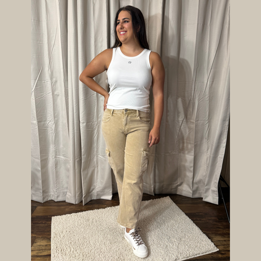 Vervet Khaki High Rise Relaxed Straight Cargo Ankle Jeans - SV Boutique & Co.