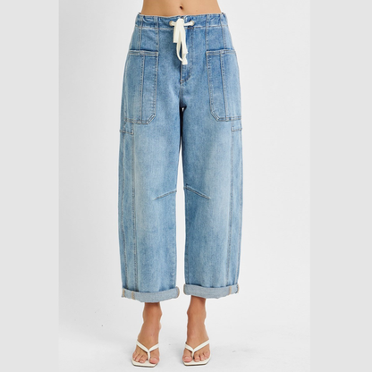 Risen High Rise Crop Wide Barrel Cargo Pocket Pants