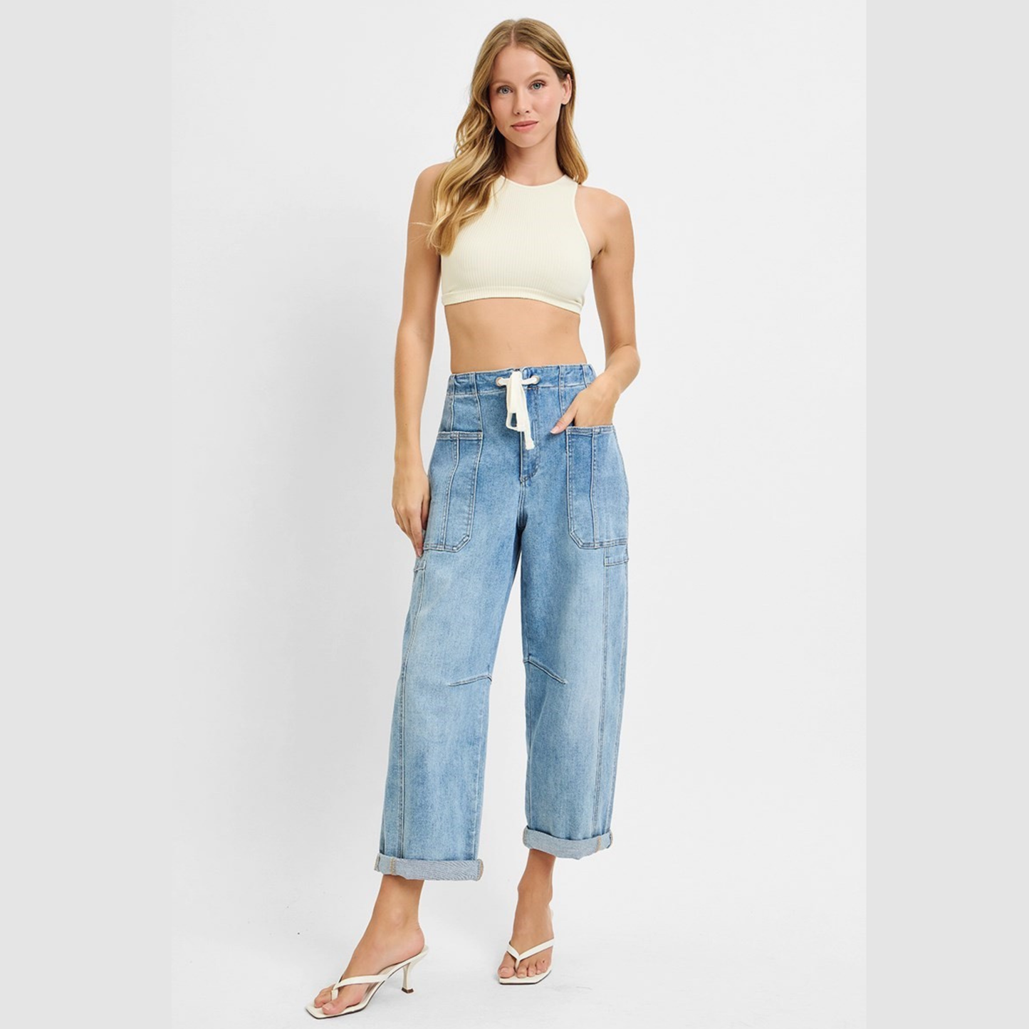 Risen High Rise Crop Wide Barrel Cargo Pocket Pants