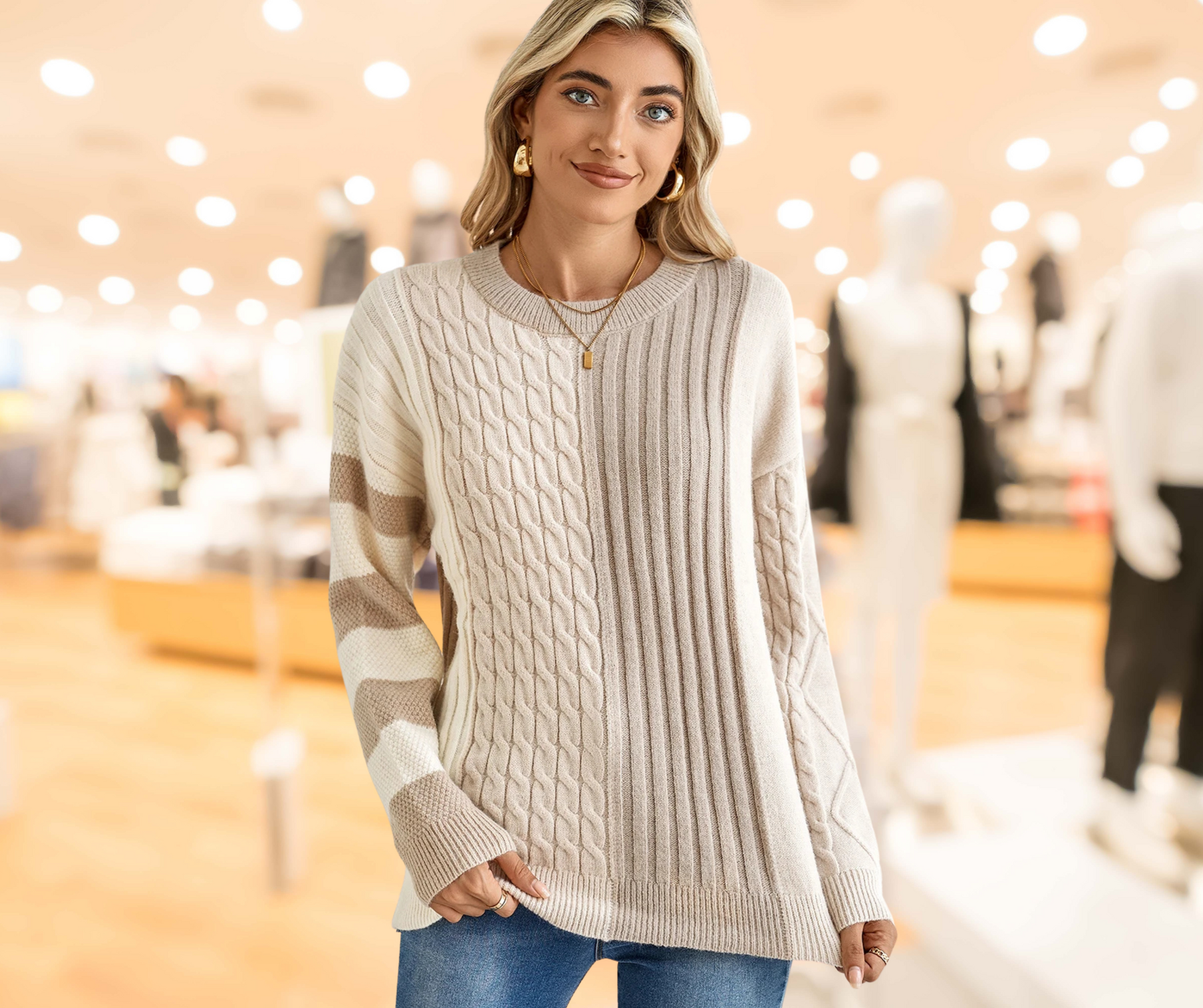 Cable Knit Colorblock Crew Neck Drop Shoulder Sweater - SV Boutique & Co.
