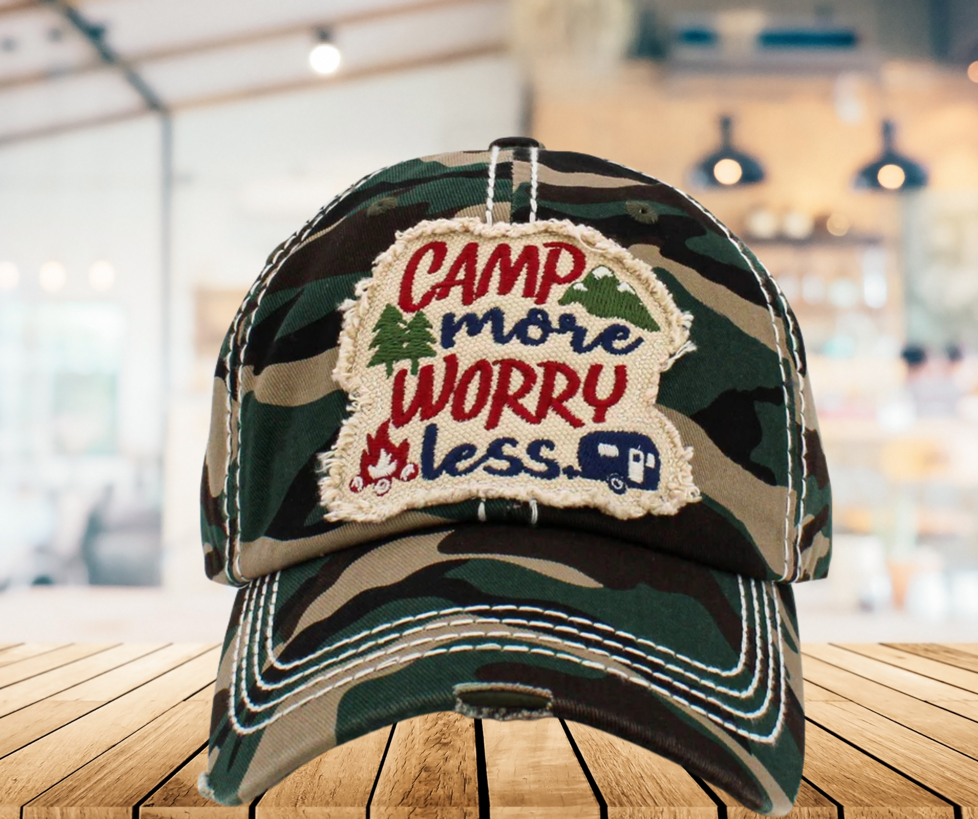 Camp More Worry Less Distressed Baseball Cap - SV Boutique & Co.