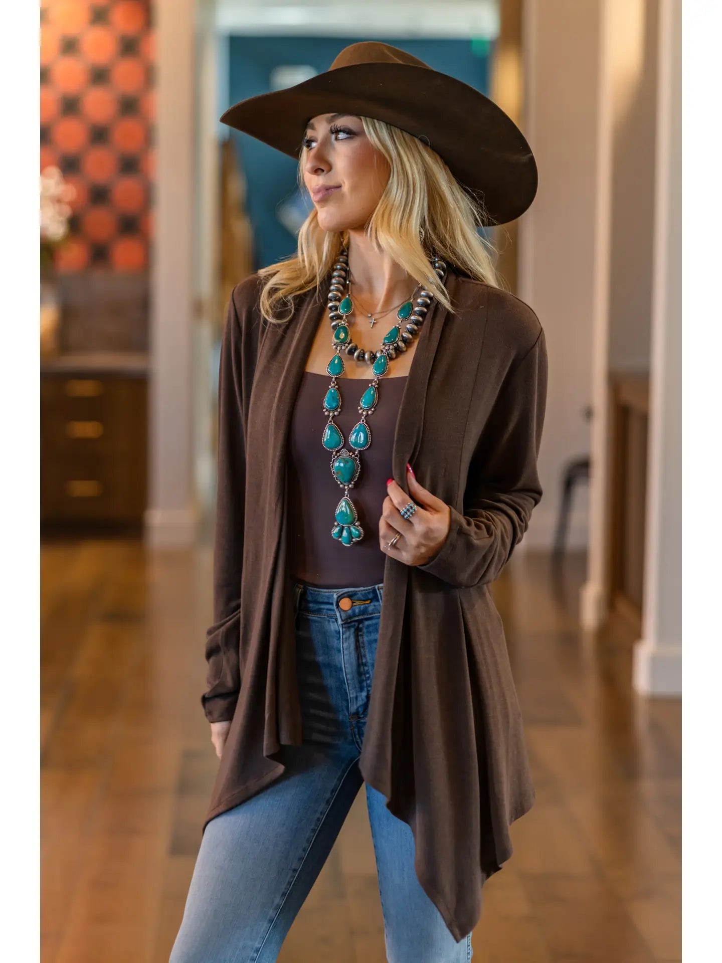 Soft Drape Open Front Chocolate Cardigan