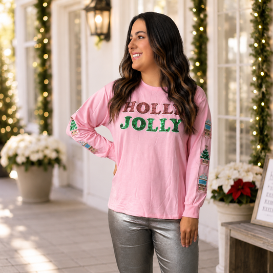 Holly Jolly Sequin On Pink Sweatshirt - SV Boutique & Co.